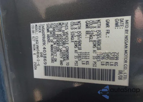 2009 Nissan Frontier Le z USA, uszkodzony, nr VIN 1N6AD09U09C403869